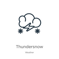 Thundersnow icon. Thin linear thundersnow outline icon isolated on white background from weather collection. Line vector sign, symbol for web and mobile