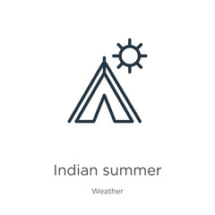Indian summer icon. Thin linear indian summer outline icon isolated on white background from weather collection. Line vector sign, symbol for web and mobile