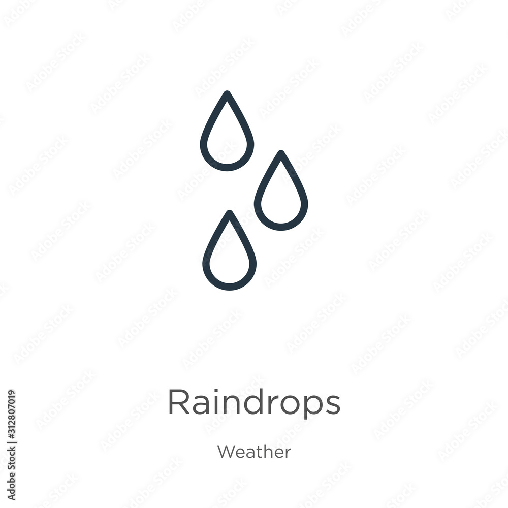 Poster raindrops icon. thin linear raindrops outline icon isolated on white background from weather collect