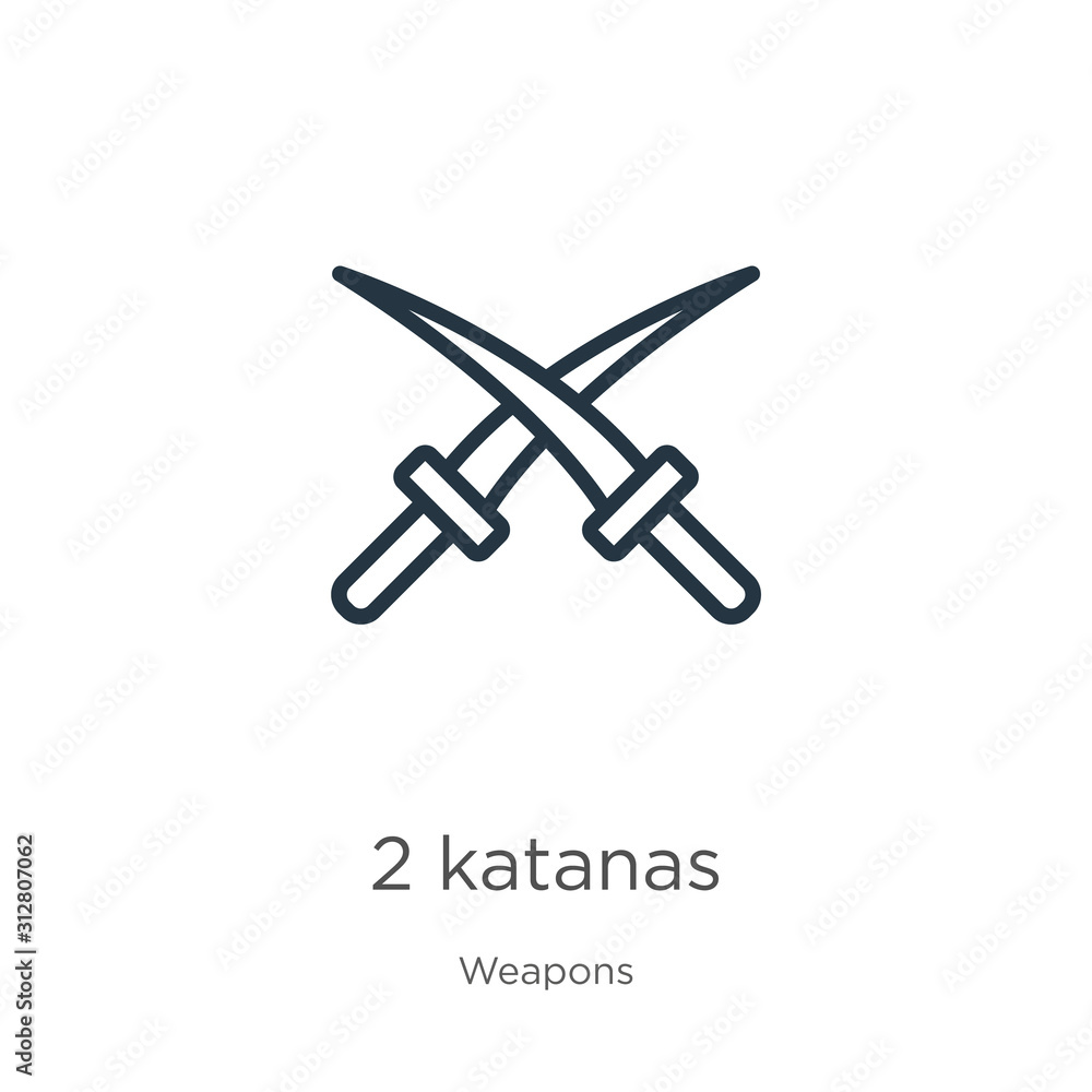 Poster 2 katanas icon. thin linear 2 katanas outline icon isolated on white background from weapons collect