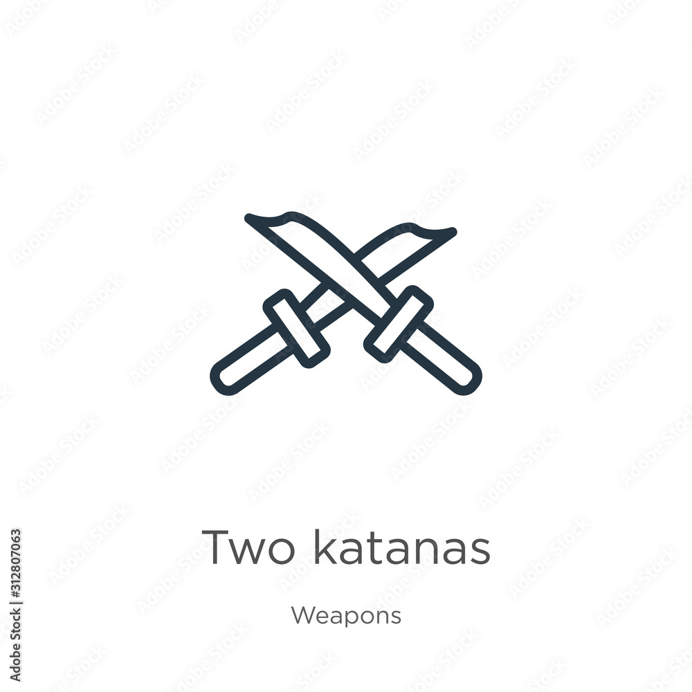 Poster two katanas icon. thin linear two katanas outline icon isolated on white background from weapons col