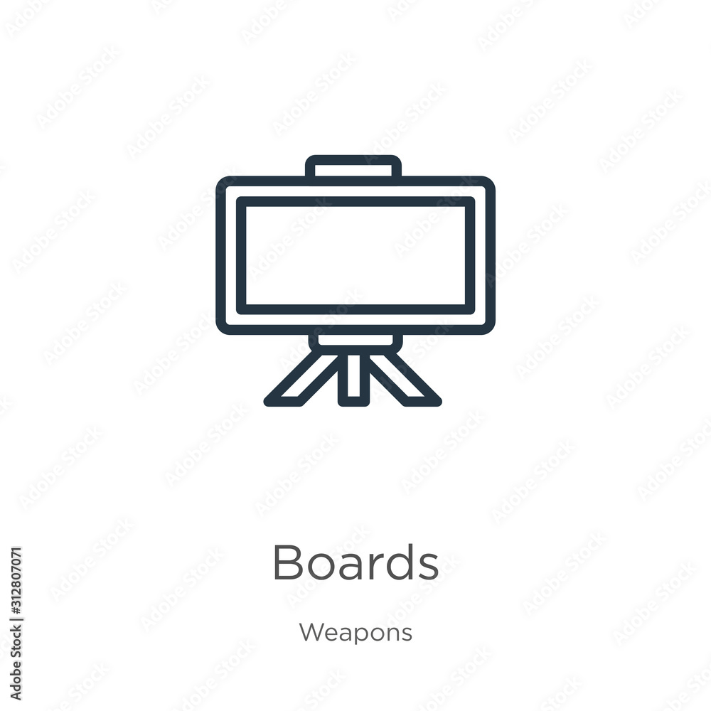 Poster boards icon. thin linear boards outline icon isolated on white background from weapons collection. l