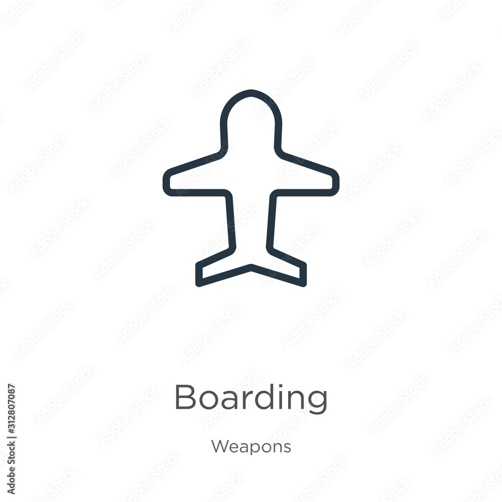 Poster boarding icon. thin linear boarding outline icon isolated on white background from weapons collectio
