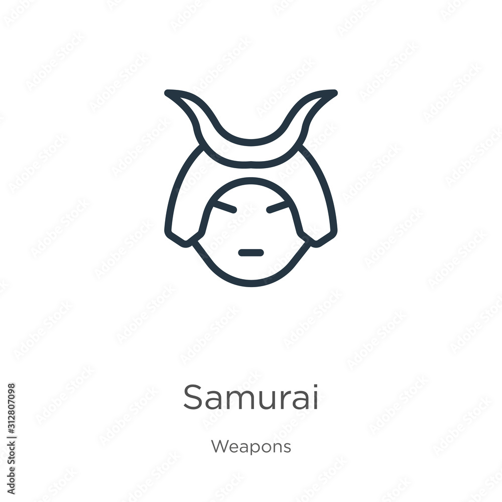 Poster samurai icon. thin linear samurai outline icon isolated on white background from weapons collection.