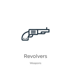 Revolvers icon. Thin linear revolvers outline icon isolated on white background from weapons collection. Line vector sign, symbol for web and mobile