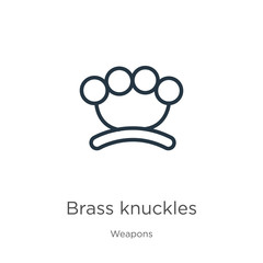 Brass knuckles icon. Thin linear brass knuckles outline icon isolated on white background from weapons collection. Line vector sign, symbol for web and mobile