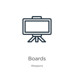 Boards icon. Thin linear boards outline icon isolated on white background from weapons collection. Line vector sign, symbol for web and mobile