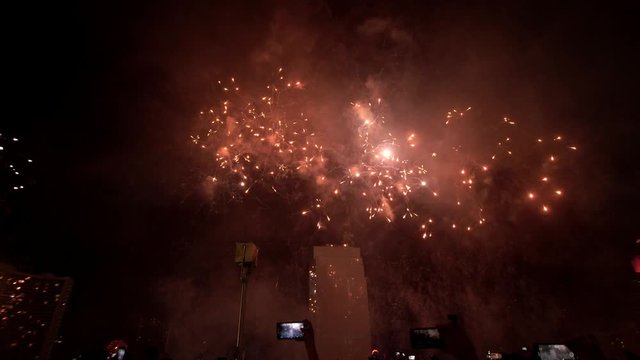 Crowd Enjoying Beautiful Fireworks Show, Celebrating New Year 2020.