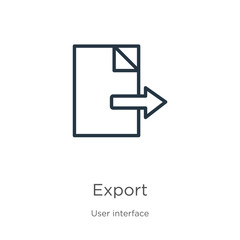 Export icon. Thin linear export outline icon isolated on white background from user interface collection. Line vector sign, symbol for web and mobile