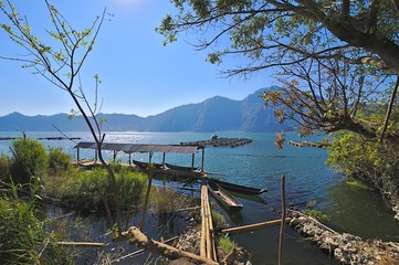 Lake Batur on Bali with traditional fisherboats in the foreground