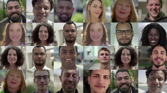 Confident diverse people looking at camera. Split screen collage of various multiethnic men and women standing and smiling at camera. Emotion concept
