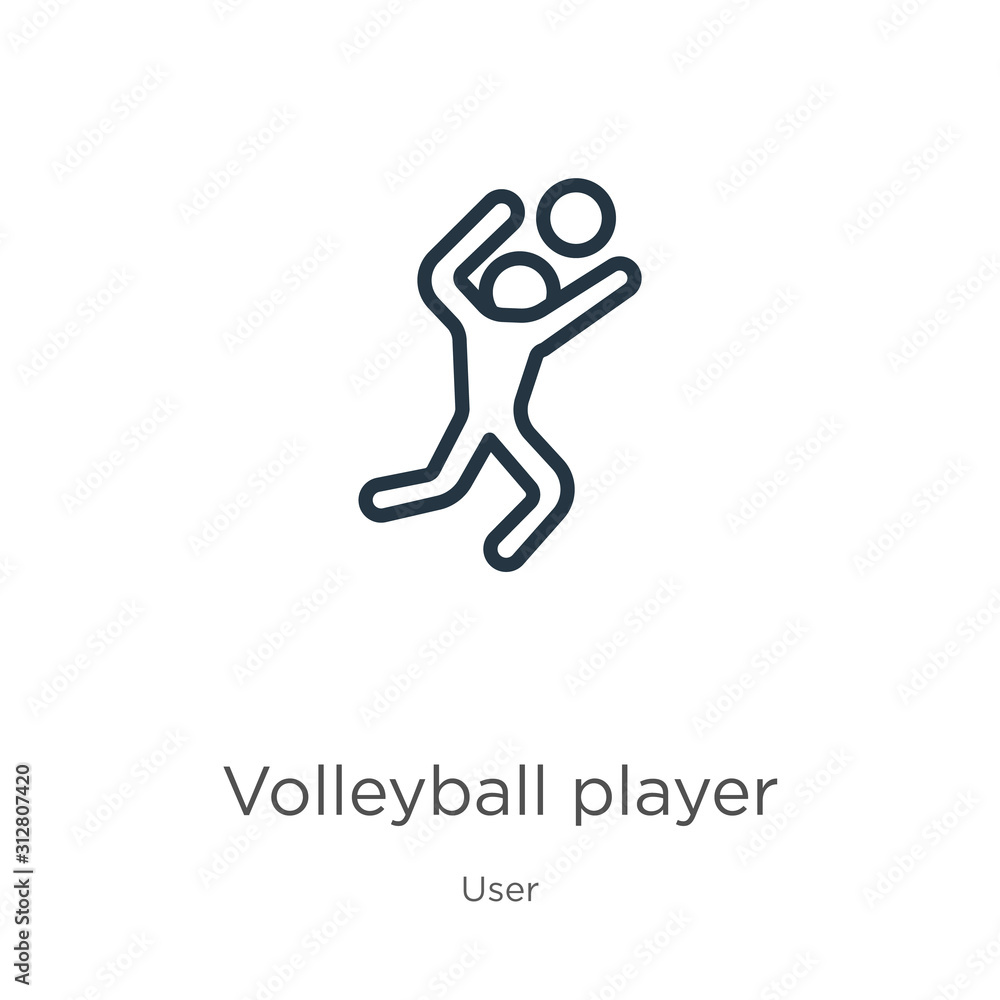 Poster volleyball player icon. thin linear volleyball player outline icon isolated on white background from