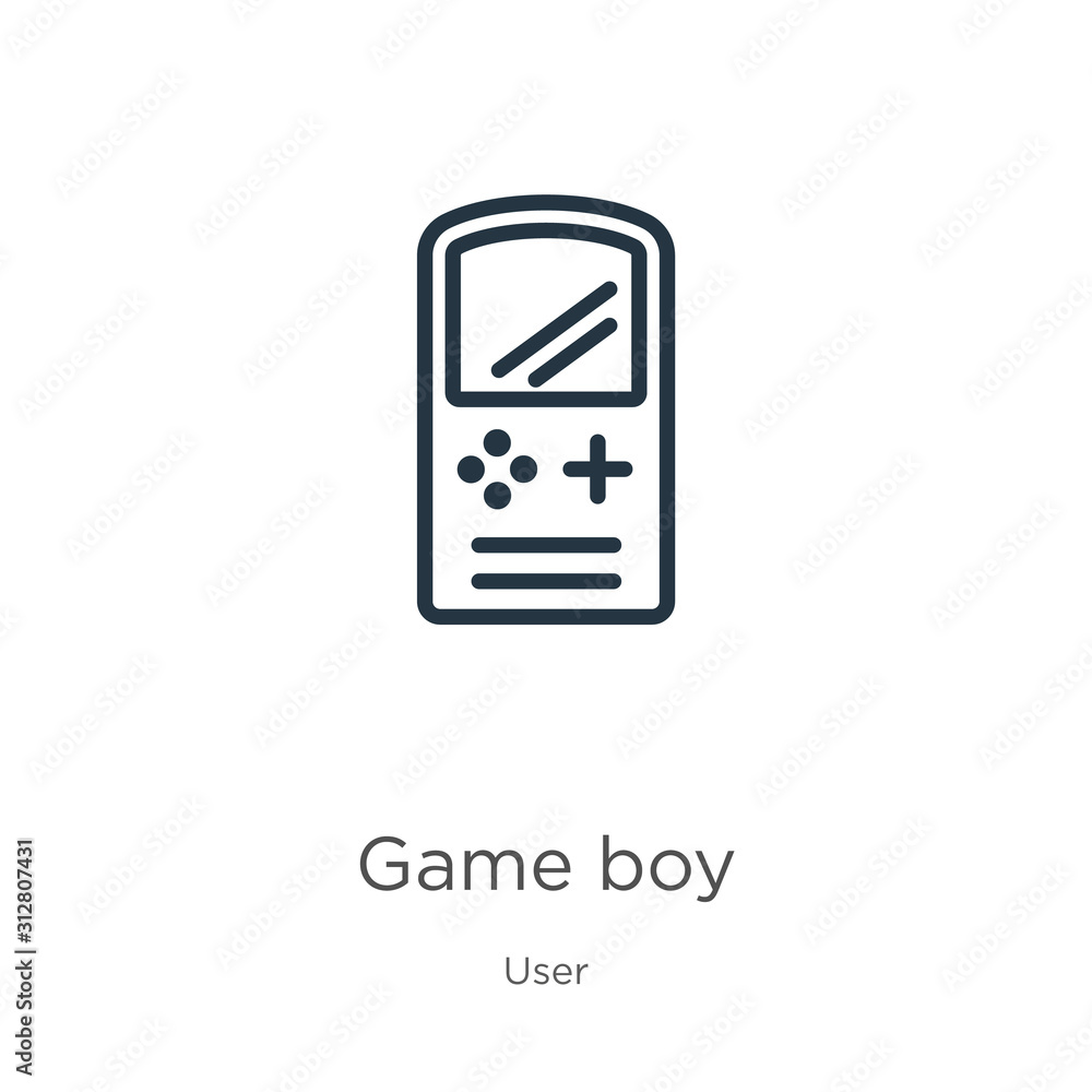 Poster game boy icon. thin linear game boy outline icon isolated on white background from user collection. 