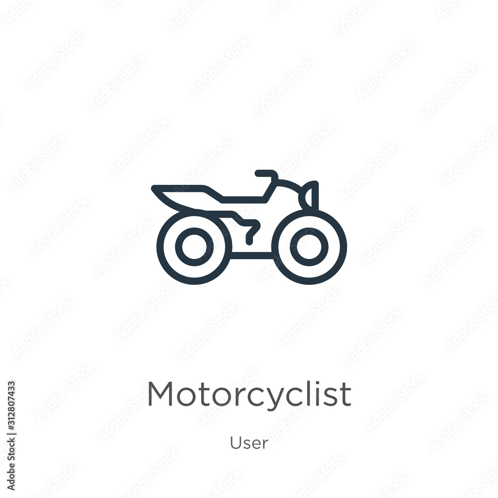 Poster motorcyclist icon. thin linear motorcyclist outline icon isolated on white background from user coll