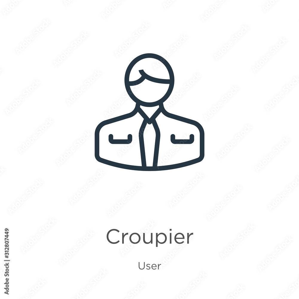 Poster croupier icon. thin linear croupier outline icon isolated on white background from user collection. 
