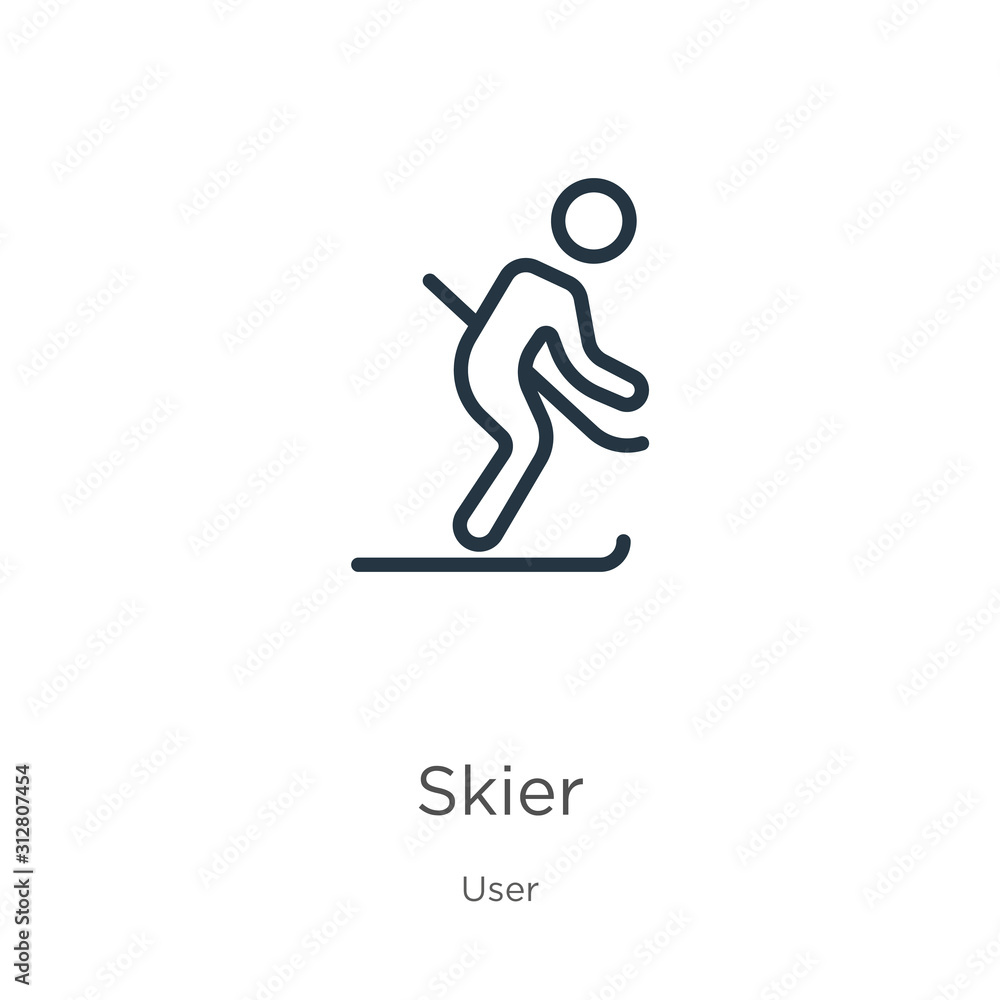 Poster skier icon. thin linear skier outline icon isolated on white background from user collection. line v