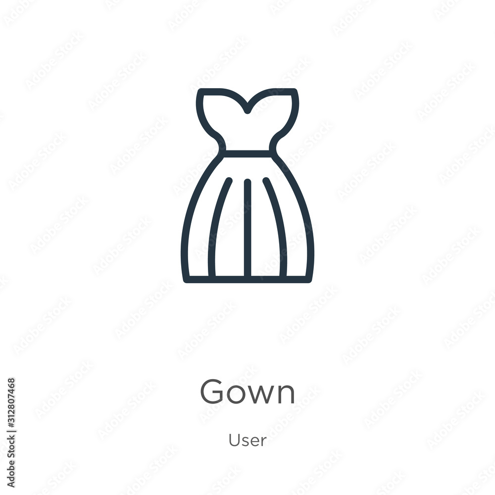 Poster gown icon. thin linear gown outline icon isolated on white background from user collection. line vec