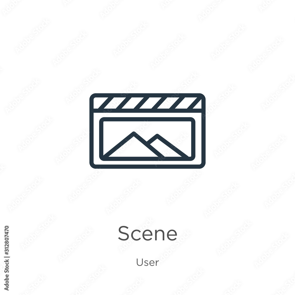 Poster scene icon. thin linear scene outline icon isolated on white background from user collection. line v