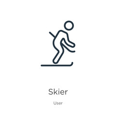 Skier icon. Thin linear skier outline icon isolated on white background from user collection. Line vector sign, symbol for web and mobile
