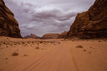 Wadi Rum Desert in Jordan. On the Sunset. Panorama of beautiful sand pattern on the dune. Desert landscape in Jordan.