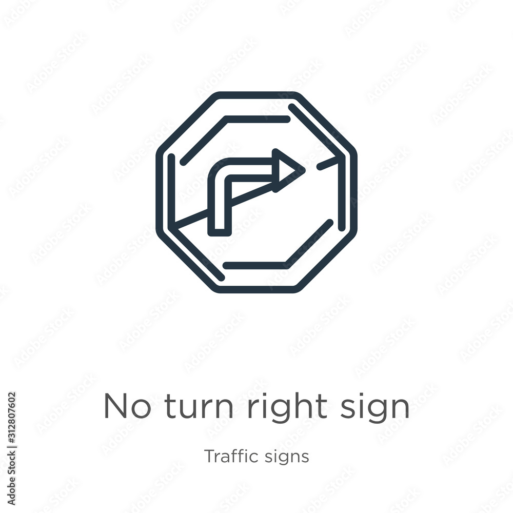Poster no turn right sign icon. thin linear no turn right sign outline icon isolated on white background fr
