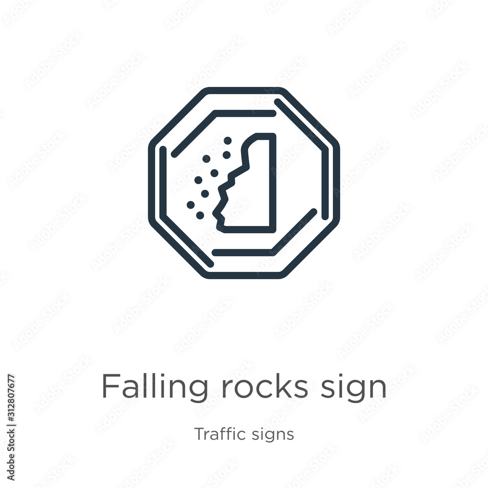 Aufkleber falling rocks sign icon. thin linear falling rocks sign outline icon isolated on white background fr