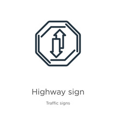 Highway sign icon. Thin linear highway sign outline icon isolated on white background from traffic signs collection. Line vector sign, symbol for web and mobile