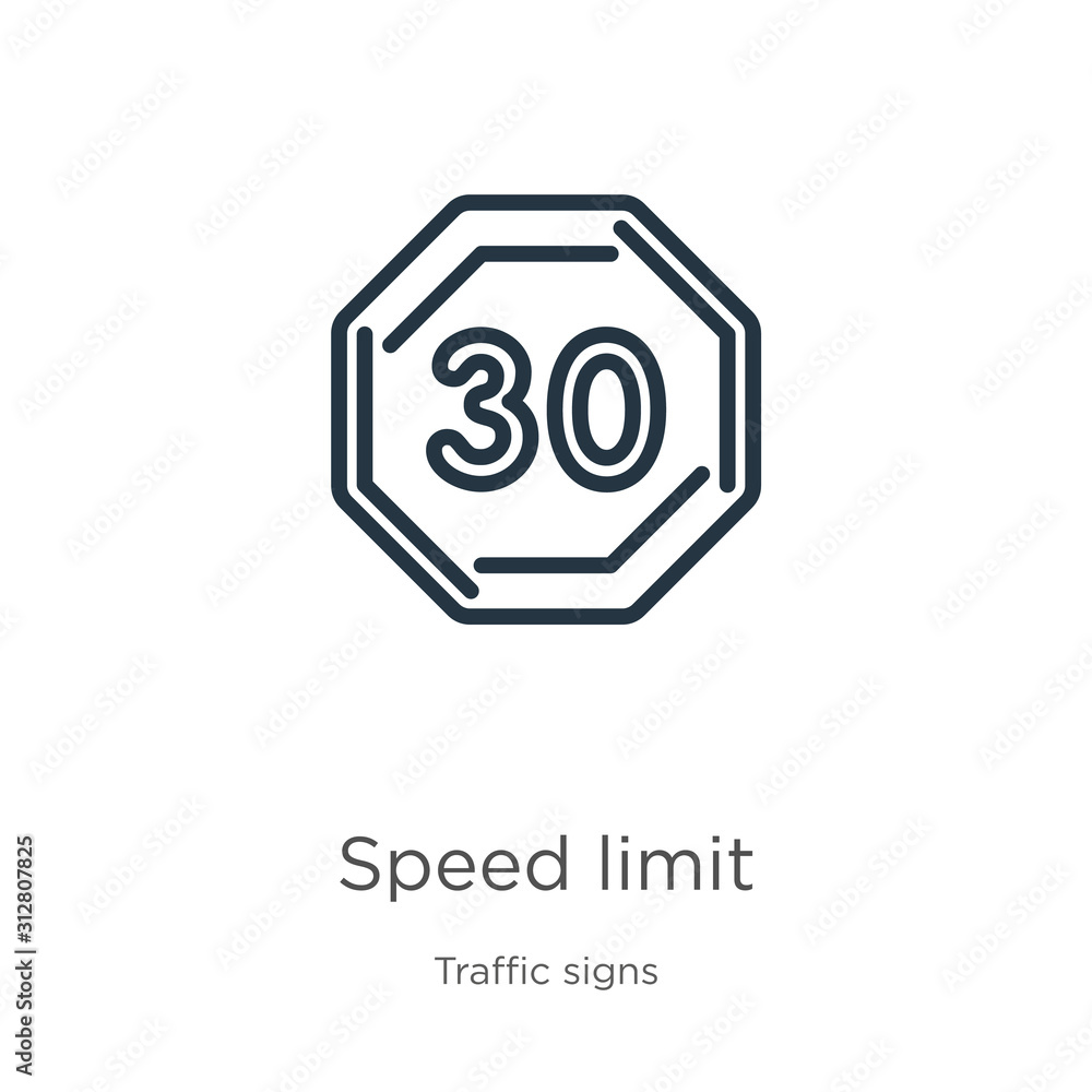 Poster speed limit icon. thin linear speed limit outline icon isolated on white background from traffic sig