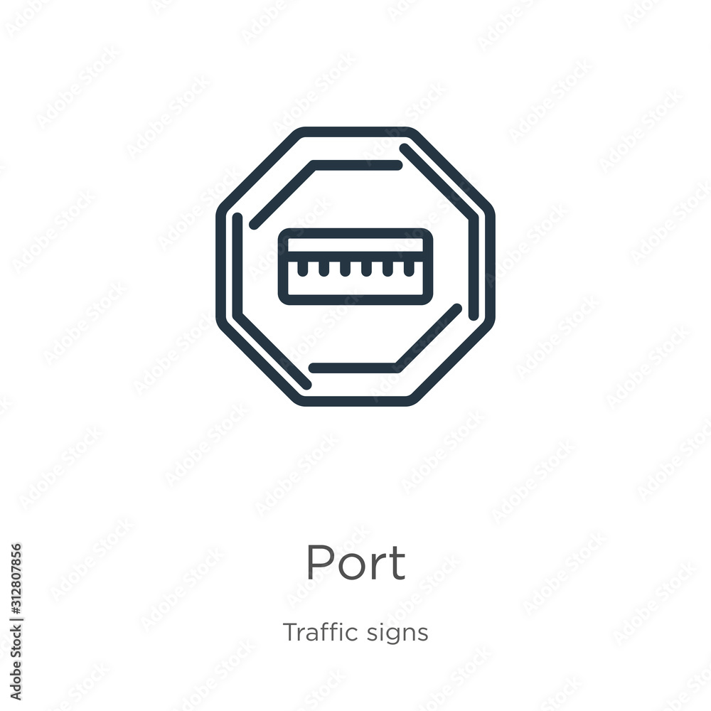 Poster port icon. thin linear port outline icon isolated on white background from traffic signs collection.