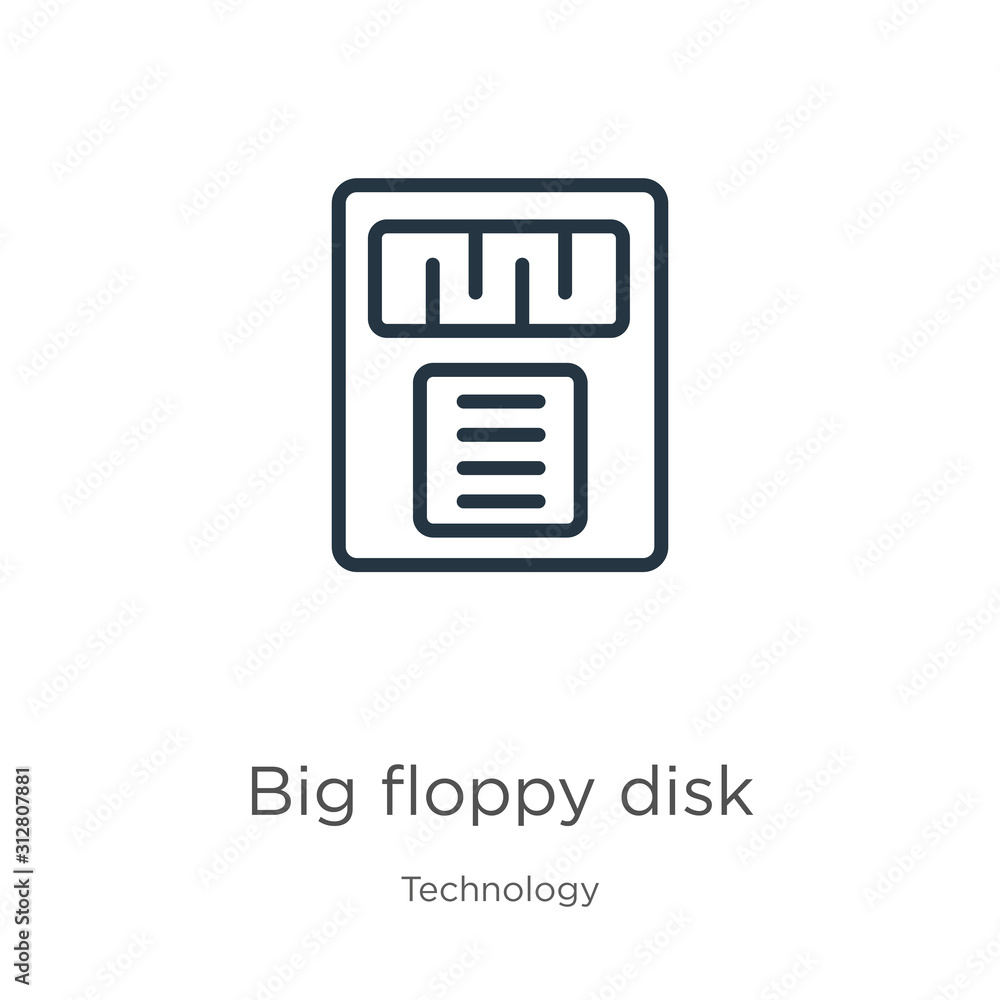 Aufkleber big floppy disk icon. thin linear big floppy disk outline icon isolated on white background from tec