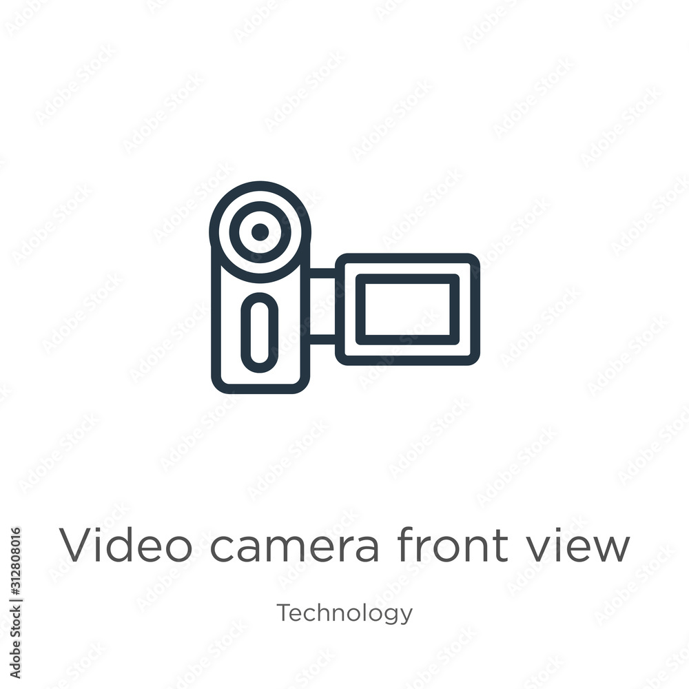 Poster video camera front view icon. thin linear video camera front view outline icon isolated on white bac