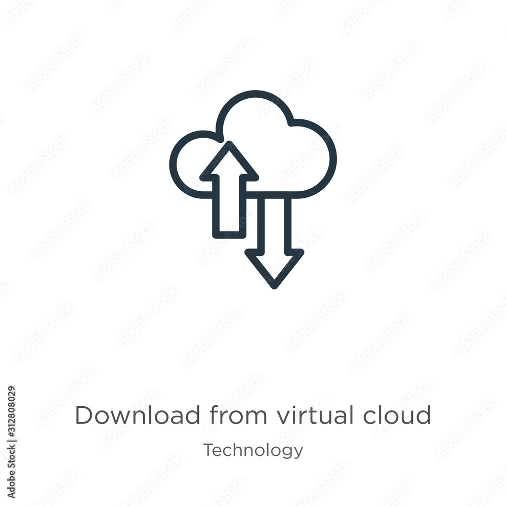 Poster download from virtual cloud icon. thin linear download from virtual cloud outline icon isolated on w