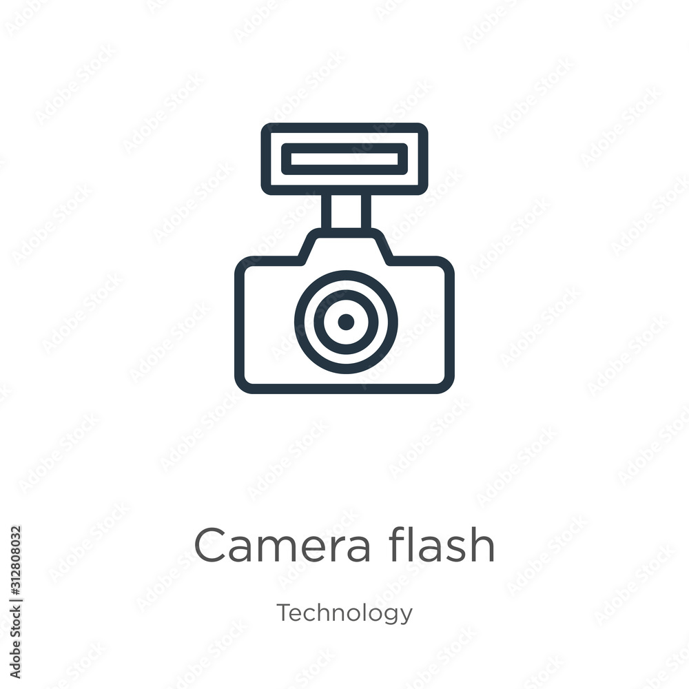 Poster camera flash icon. thin linear camera flash outline icon isolated on white background from technolog
