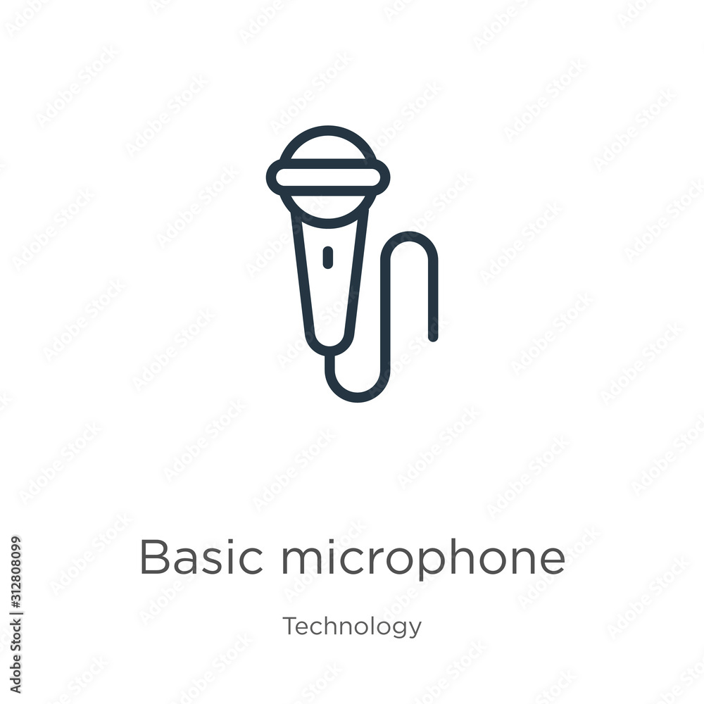 Poster basic microphone icon. thin linear basic microphone outline icon isolated on white background from t