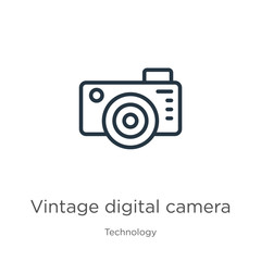 Vintage digital camera icon. Thin linear vintage digital camera outline icon isolated on white background from technology collection. Line vector sign, symbol for web and mobile