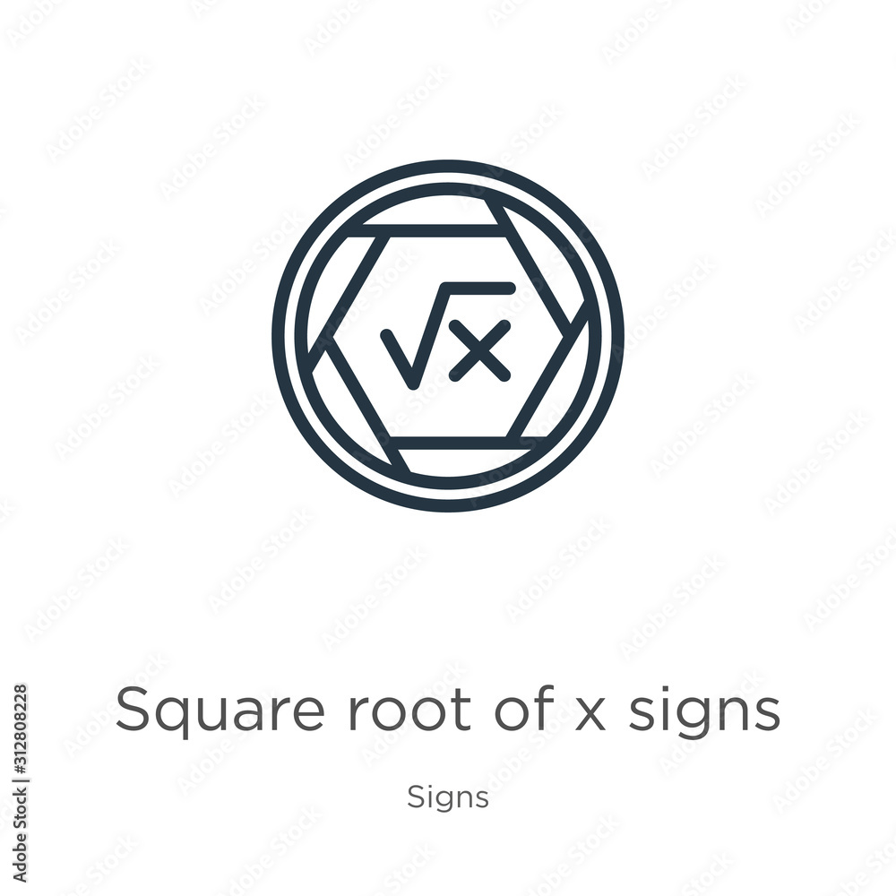 Poster square root of x signs icon. thin linear square root of x signs outline icon isolated on white backg