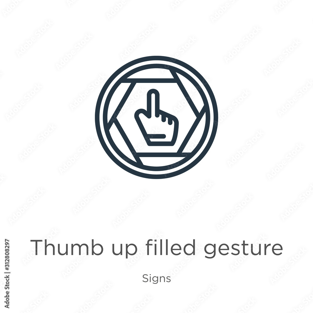 Poster thumb up filled gesture icon. thin linear thumb up filled gesture outline icon isolated on white bac