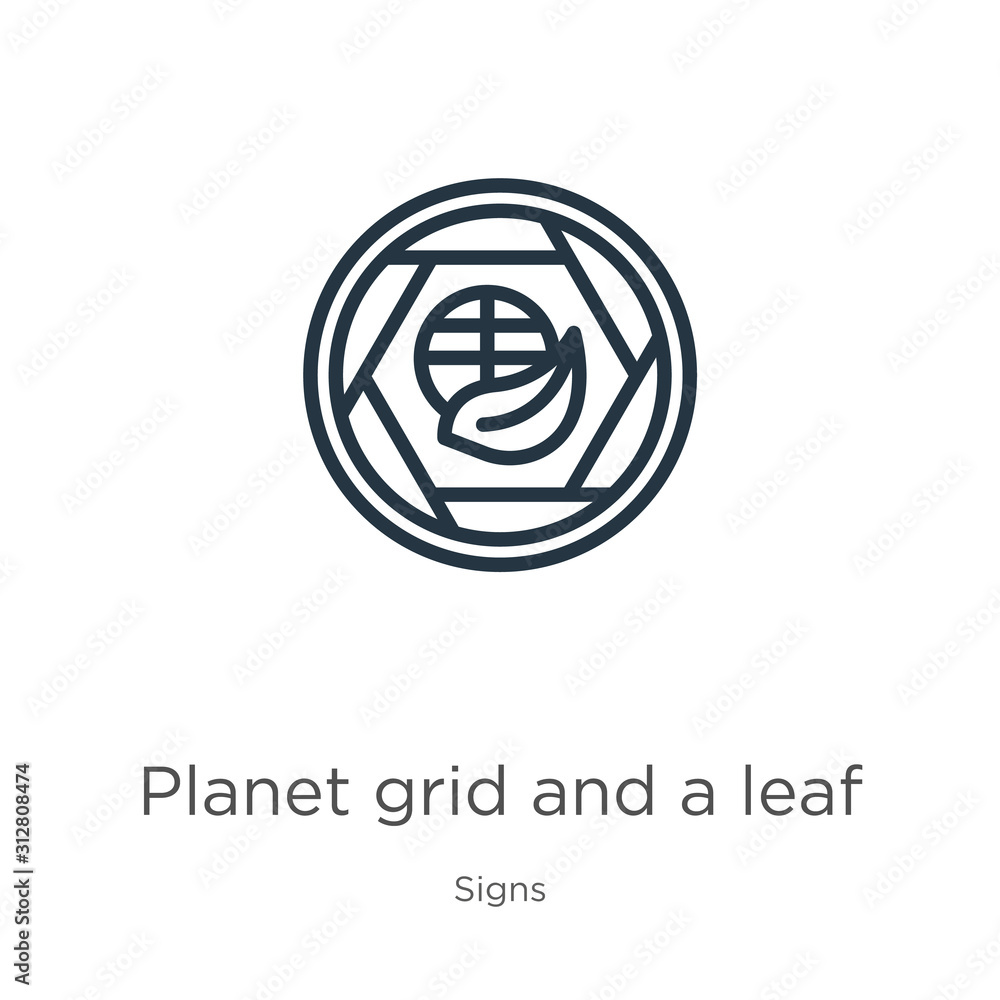 Poster planet grid and a leaf icon. thin linear planet grid and a leaf outline icon isolated on white backg
