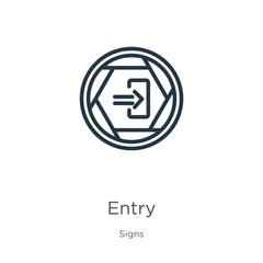 Entry icon. Thin linear entry outline icon isolated on white background from signs collection. Line vector sign, symbol for web and mobile
