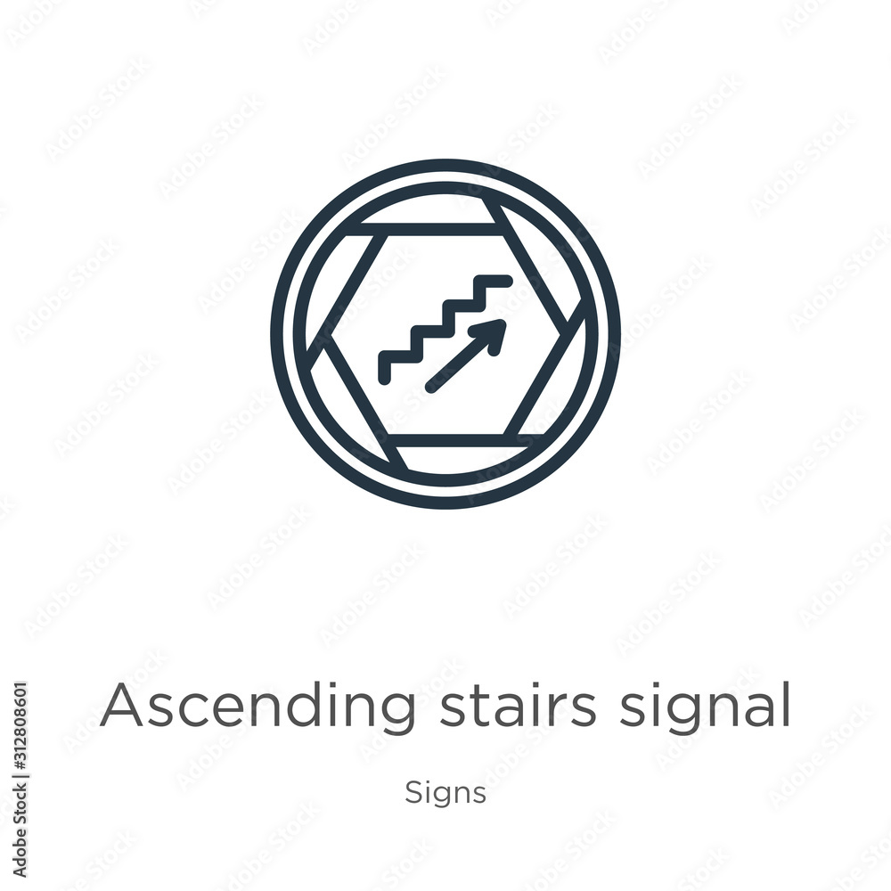 Poster ascending stairs signal icon. thin linear ascending stairs signal outline icon isolated on white bac