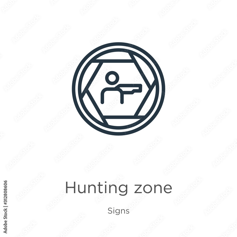 Poster hunting zone icon. thin linear hunting zone outline icon isolated on white background from signs col