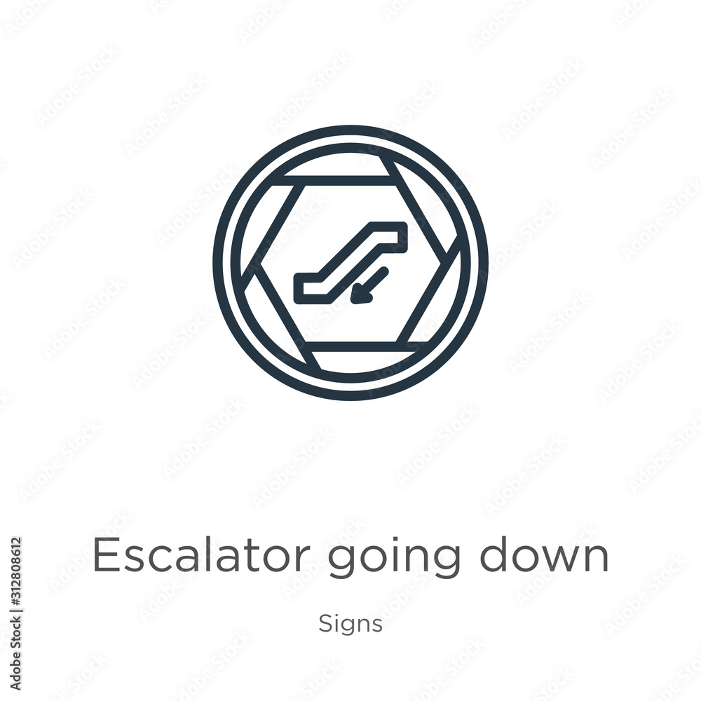 Poster escalator going down icon. thin linear escalator going down outline icon isolated on white backgroun