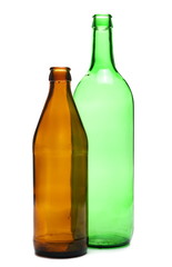 Empty bottle of beer, wine, and juice isolated on white background