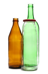 Empty bottle of beer, wine, and juice isolated on white background