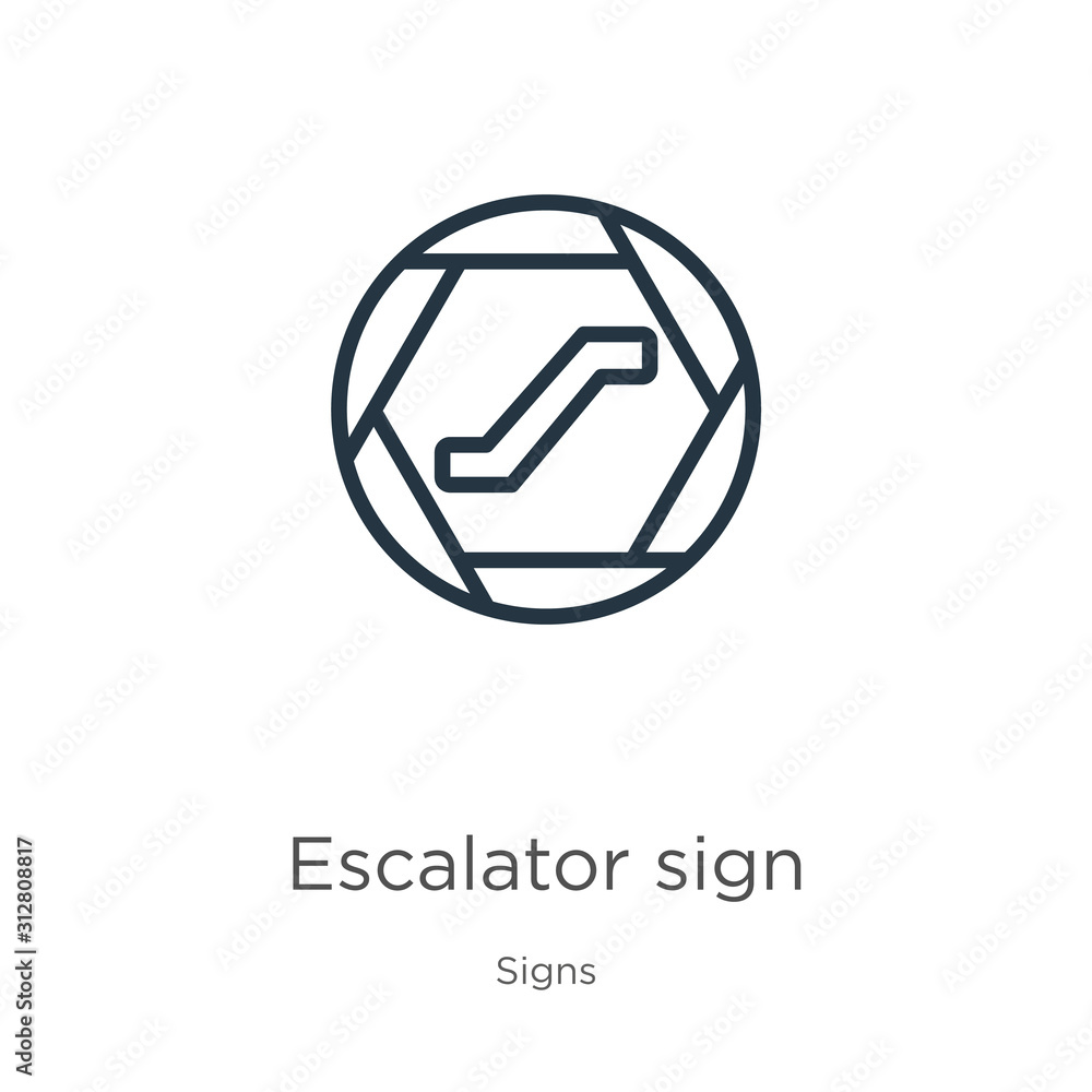 Poster escalator sign icon. thin linear escalator sign outline icon isolated on white background from signs