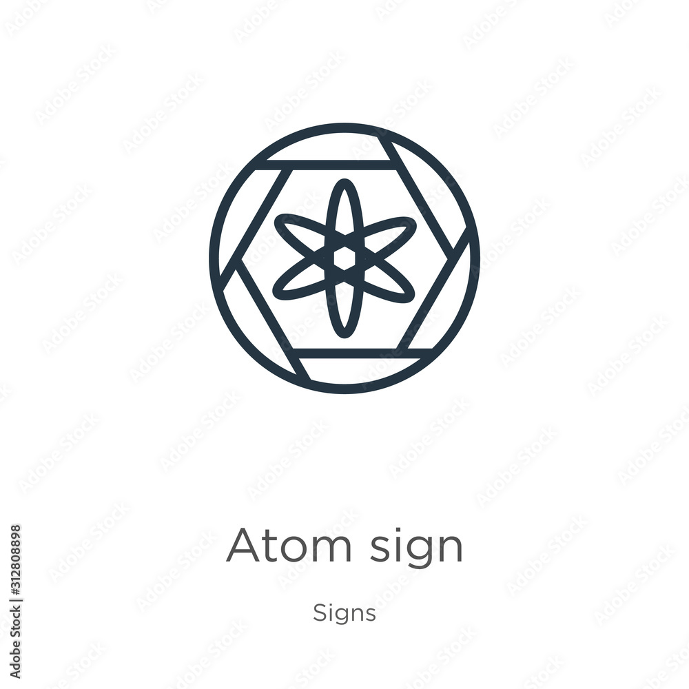 Aufkleber atom sign icon. thin linear atom sign outline icon isolated on white background from signs collectio