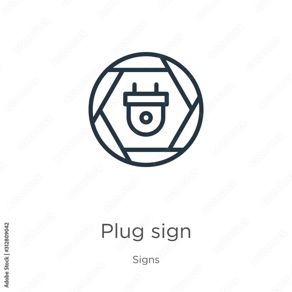 Poster plug sign icon. thin linear plug sign outline icon isolated on white background from signs collectio