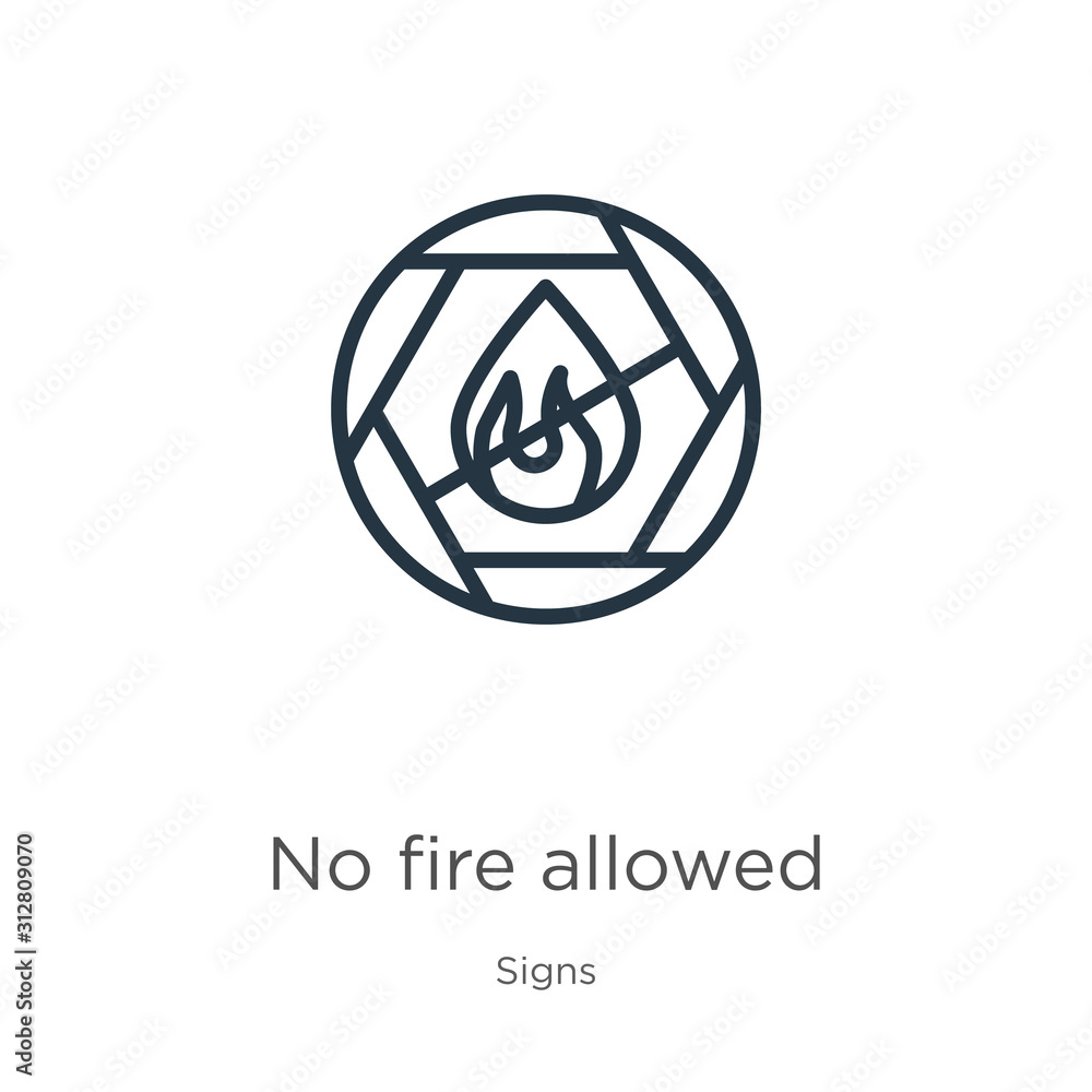 Poster no fire allowed icon. thin linear no fire allowed outline icon isolated on white background from sig