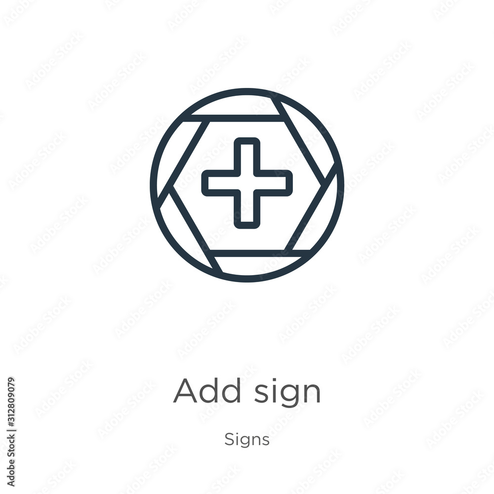 Poster add sign icon. thin linear add sign outline icon isolated on white background from signs collection.