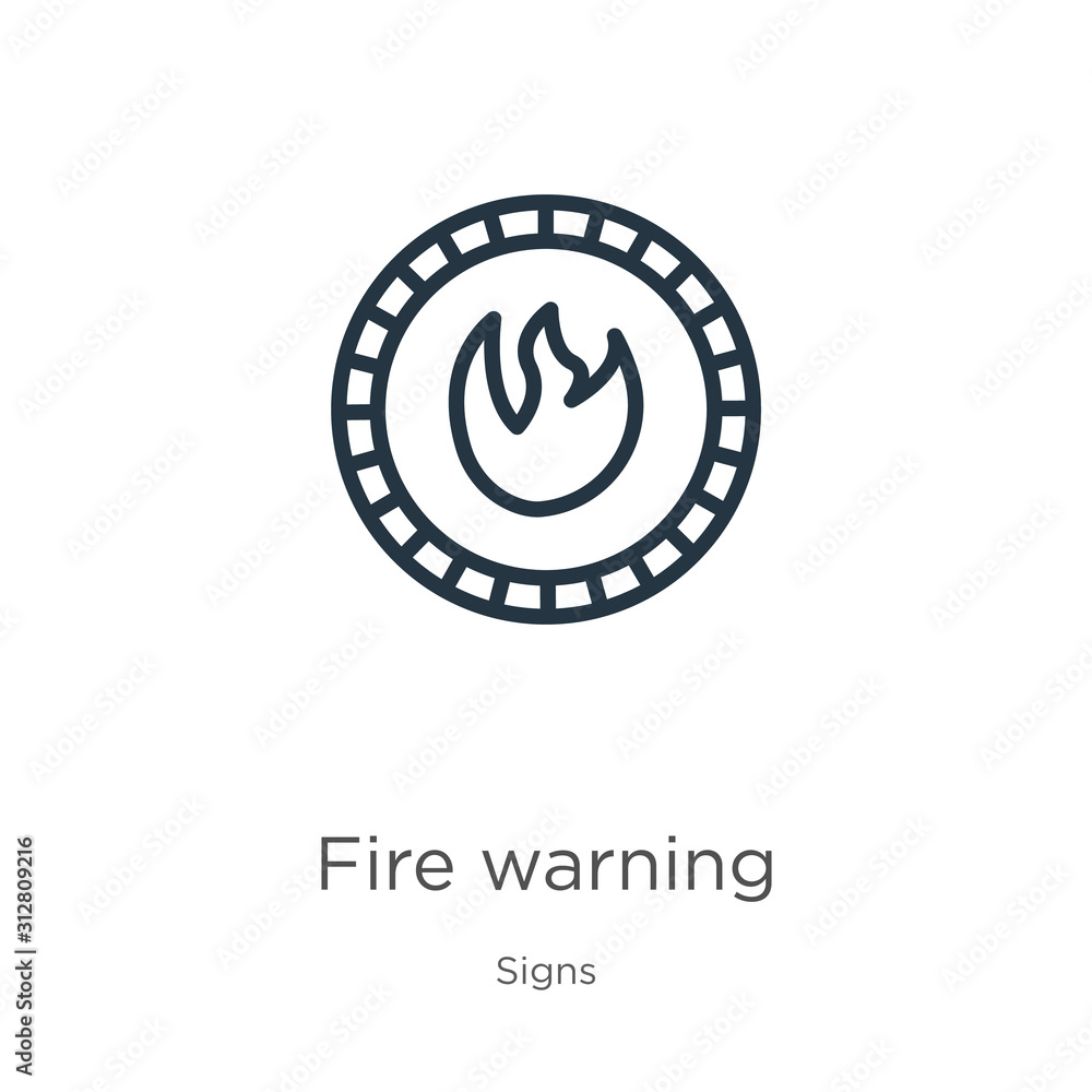 Poster fire warning icon. thin linear fire warning outline icon isolated on white background from signs col